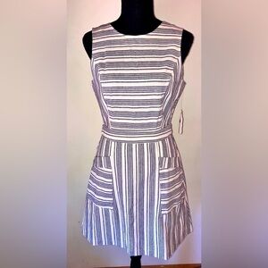 Altar’d State linen blend cream blue stripe shift dress-open back, lg pockets